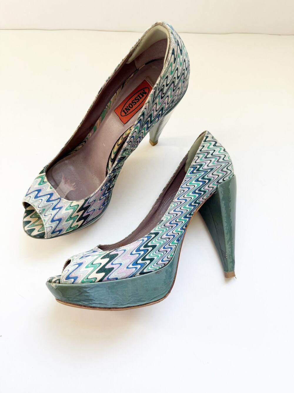 Vintage Missoni Platform Peep Toe Heels Size 38.5 Knit Chevron Green Blue White